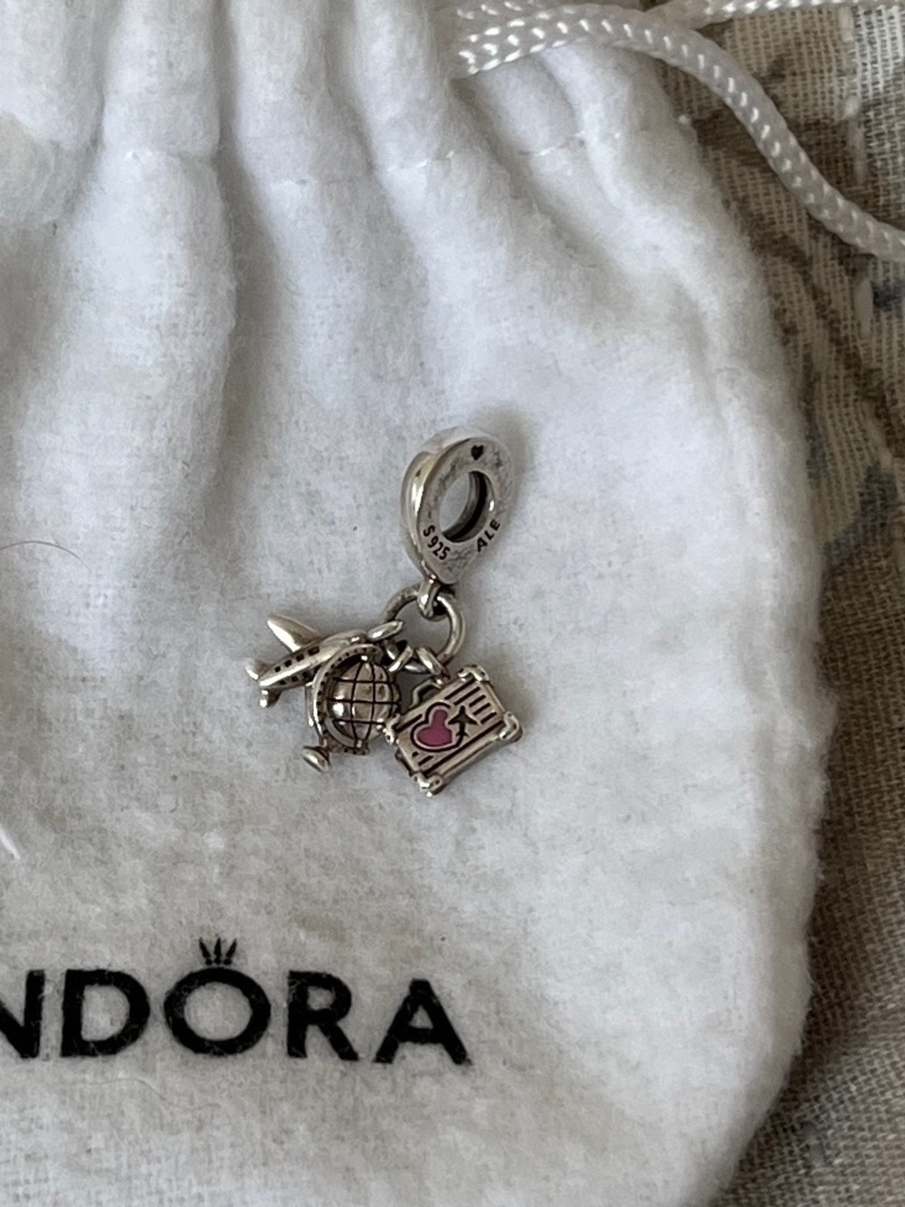 Pandora Silver Travel Charm with Pink Enamel Suitcase Accent